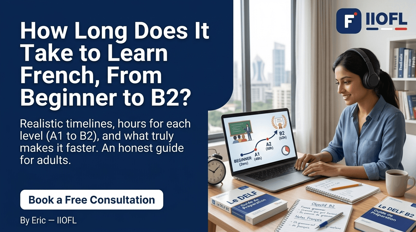 Adult learner progressing from beginner to B2 level in French online